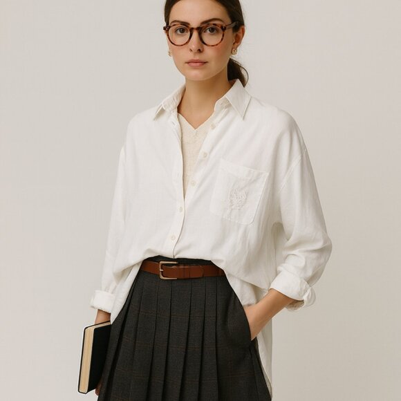 TOMMY HILFIGER Preppy 100% Linen Oversized Crest Academia White Shirt sz 4 - Picture 1 of 5